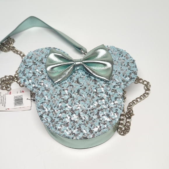 Loungefly Disney Parks Minnie Mouse Icon Crossbody Bag Arendelle Aqua Sequin - Picture 1 of 5